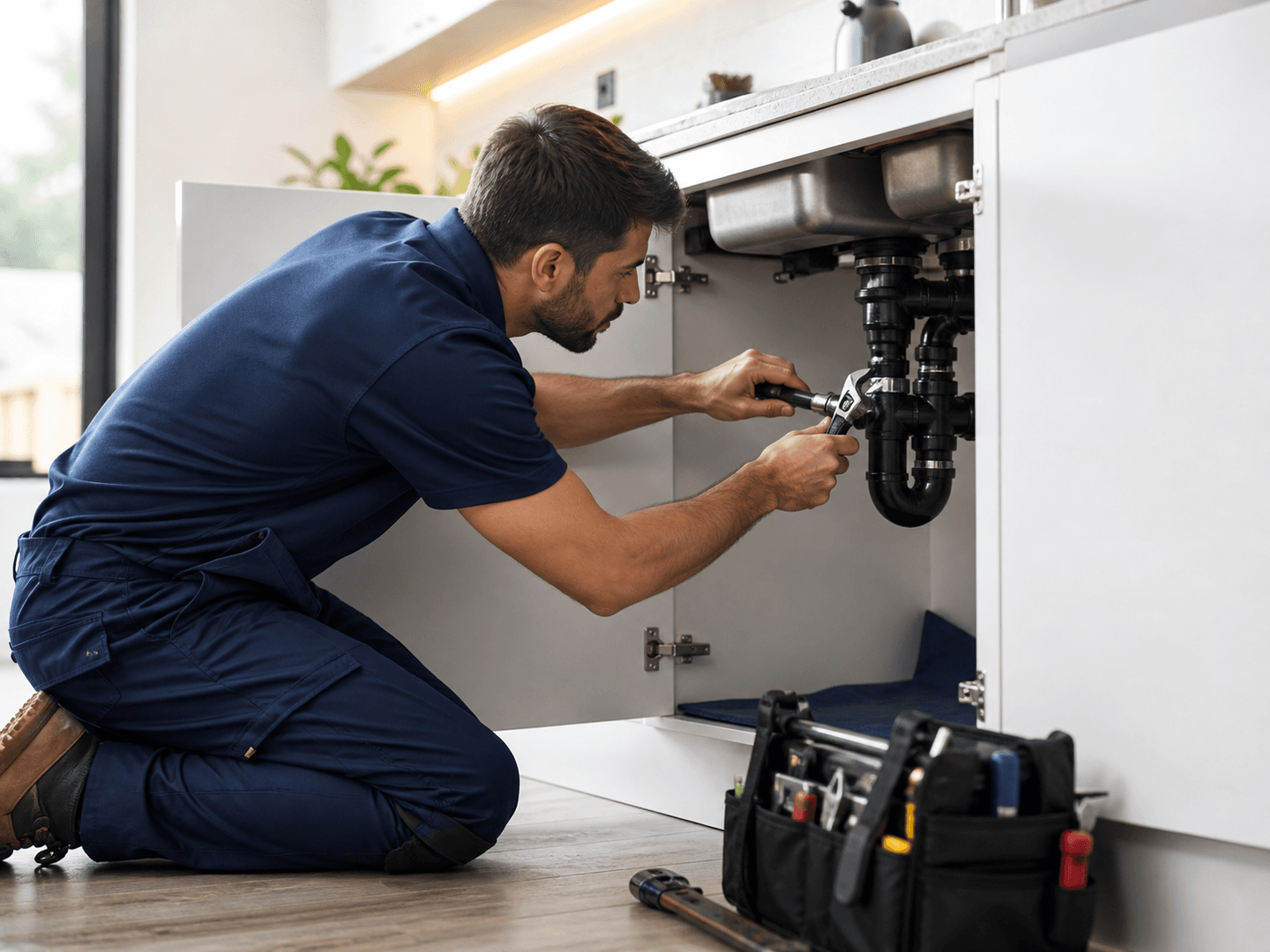 Plumber repairing modern under-sink plumbing