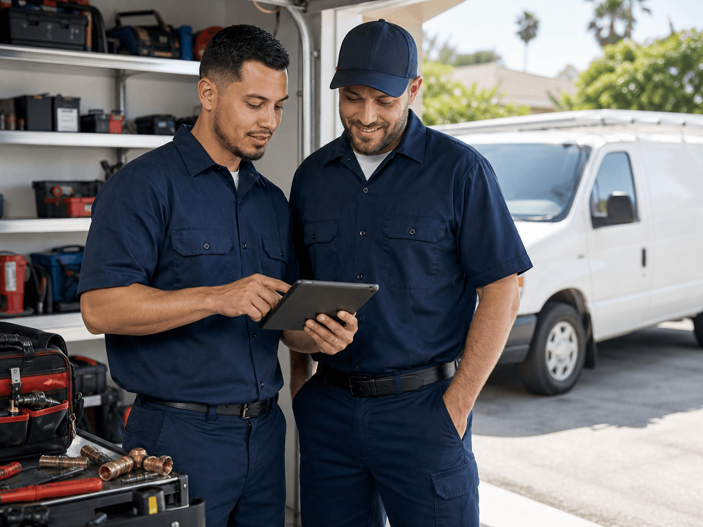 Genesis Demo Plumbing crew reviewing a service checklist